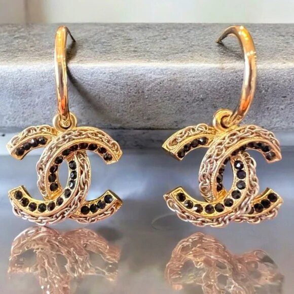 Chanel Gold Chain and Black Strauss Rhinestones Hoop Earrings - Picture 1 of 8